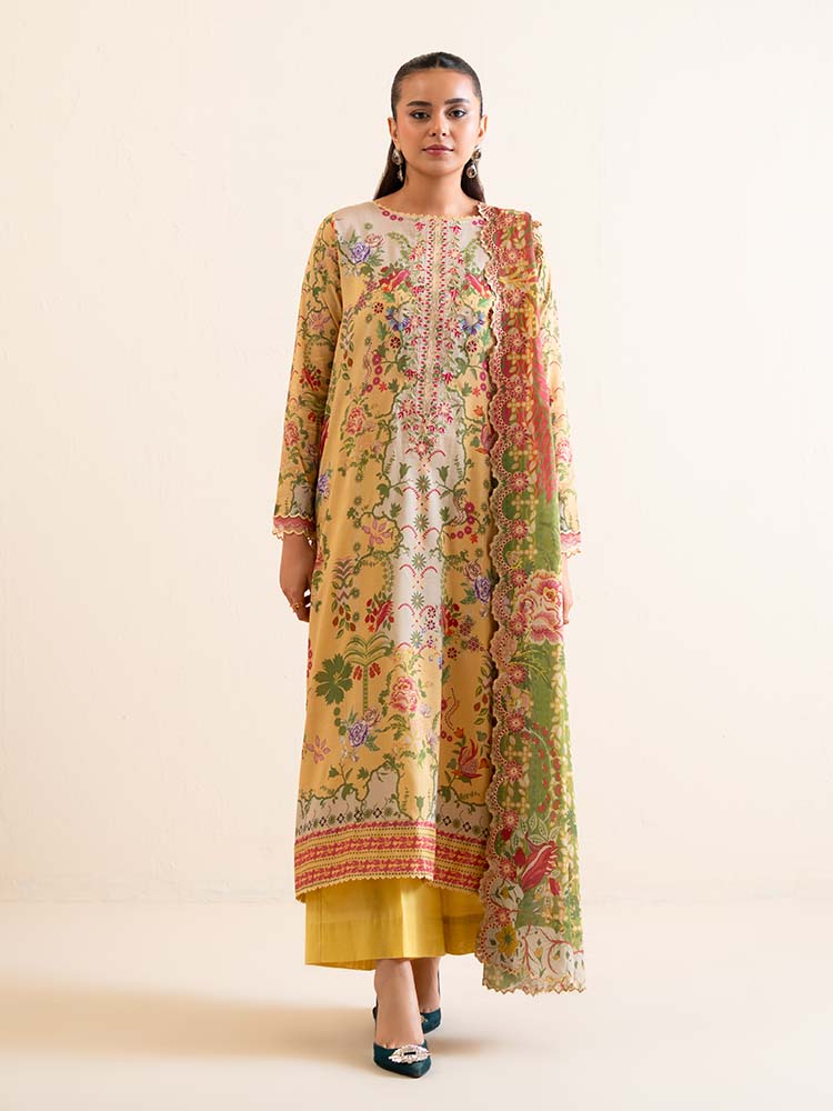 Pakistani Hania by Binaas Unstitched Three Piece - Mustard Yellow