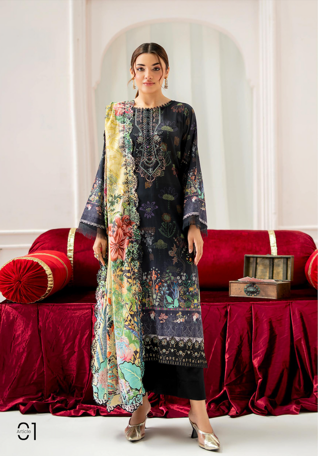 Pakistani Mahajal by Gulljee Unstitched Three Piece - Midnight Black