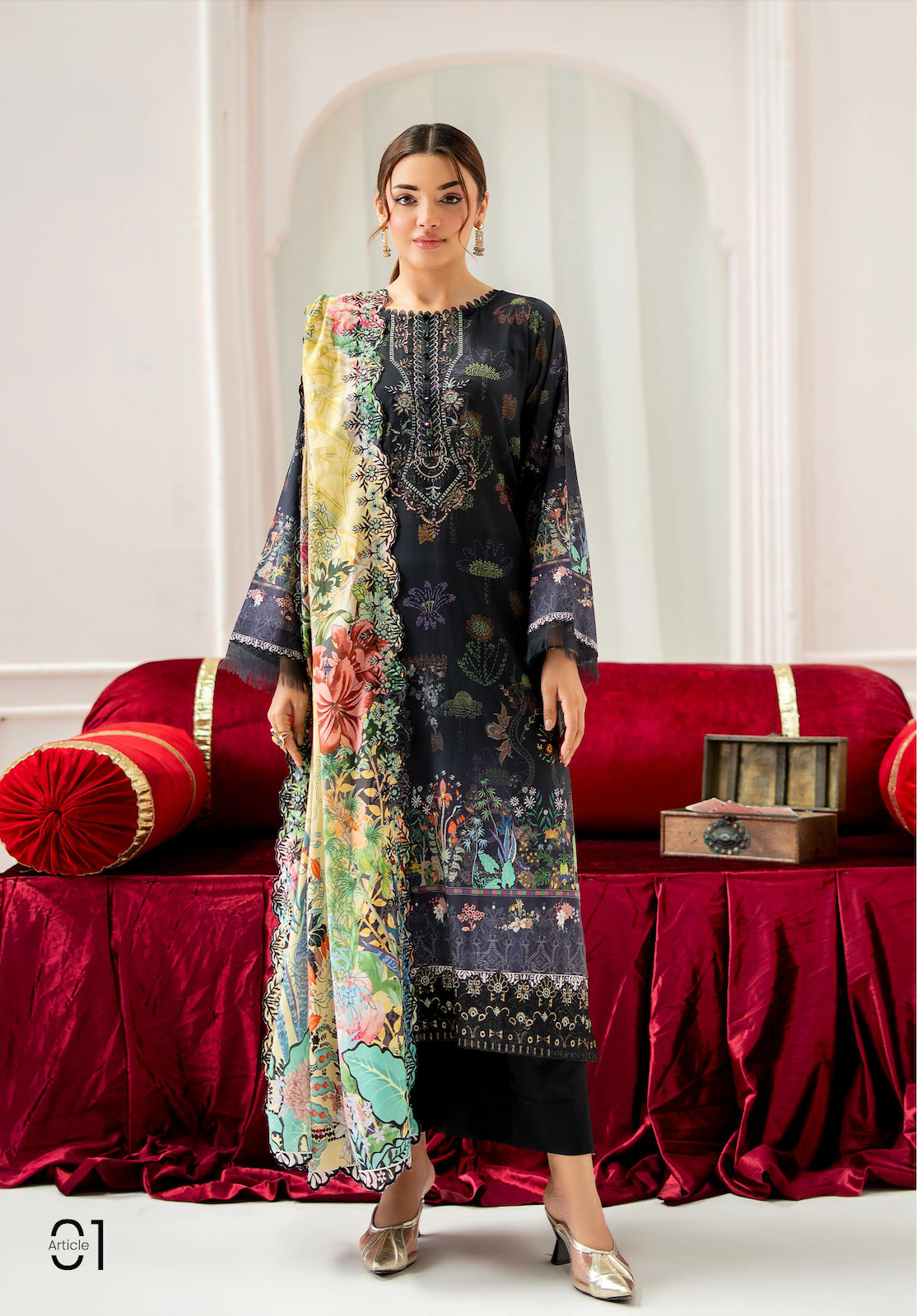 Pakistani Mahajal by Gulljee Unstitched Three Piece - Midnight Black