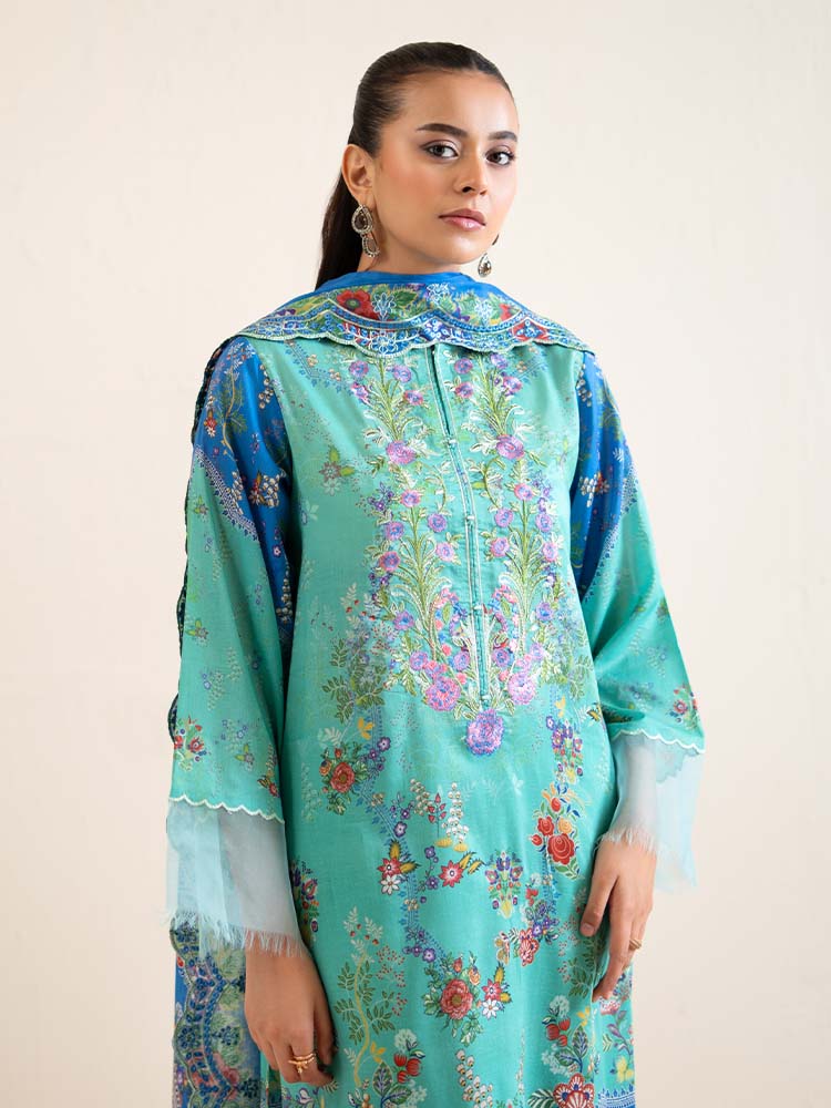Pakistani Hania by Binaas Unstitched Three Piece-Teal Blue