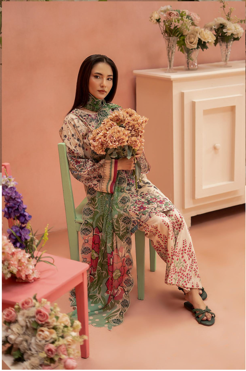 Pakistani Ziva by Gulljee Unstitched Three Piece - Cream & Green