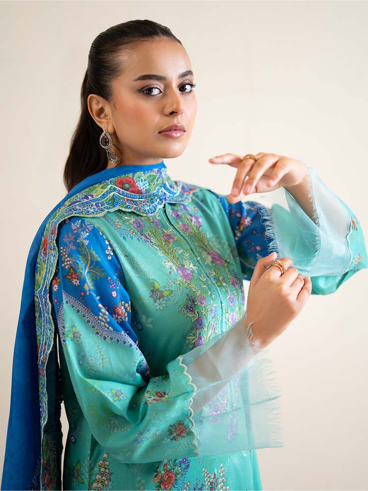 Pakistani Hania by Binaas Unstitched Three Piece-Teal Blue