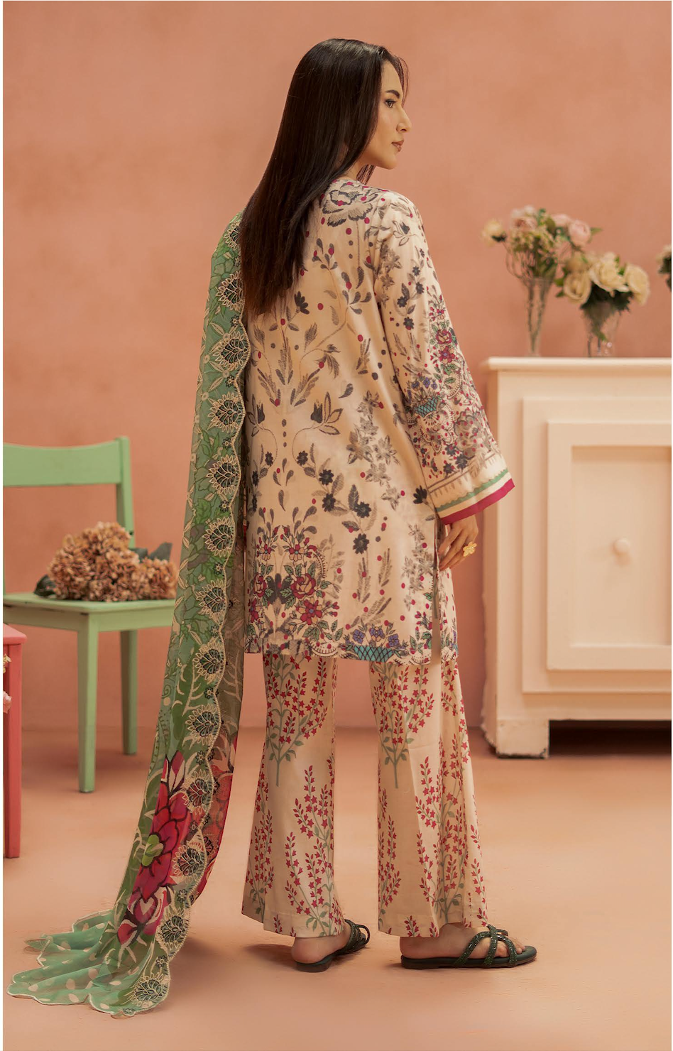 Pakistani Ziva by Gulljee Unstitched Three Piece - Cream & Green