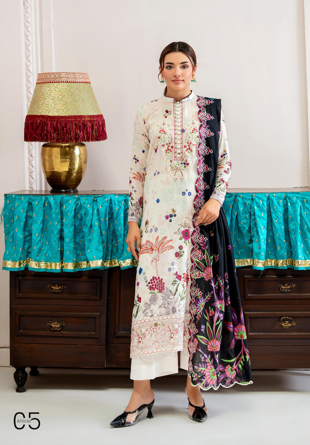 Pakistani Mahajal by Gulljee Unstitched Three Piece - Ivory Black White