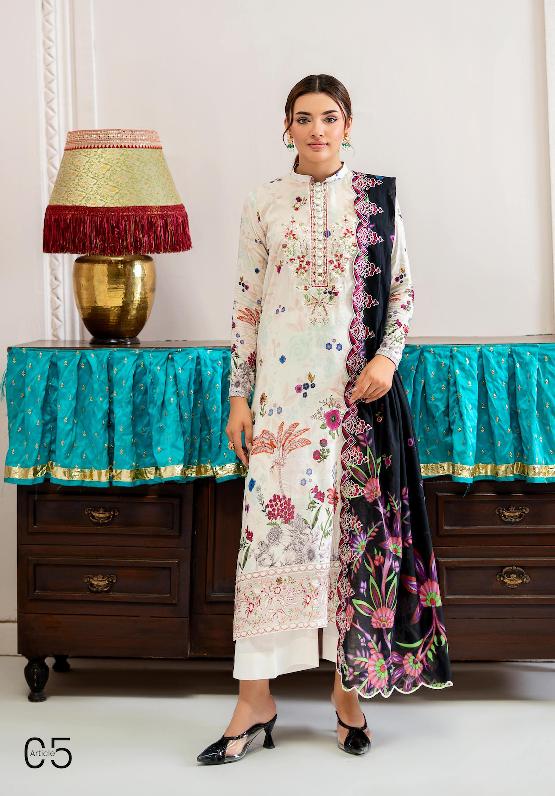 Pakistani Mahajal by Gulljee Unstitched Three Piece - Ivory Black White