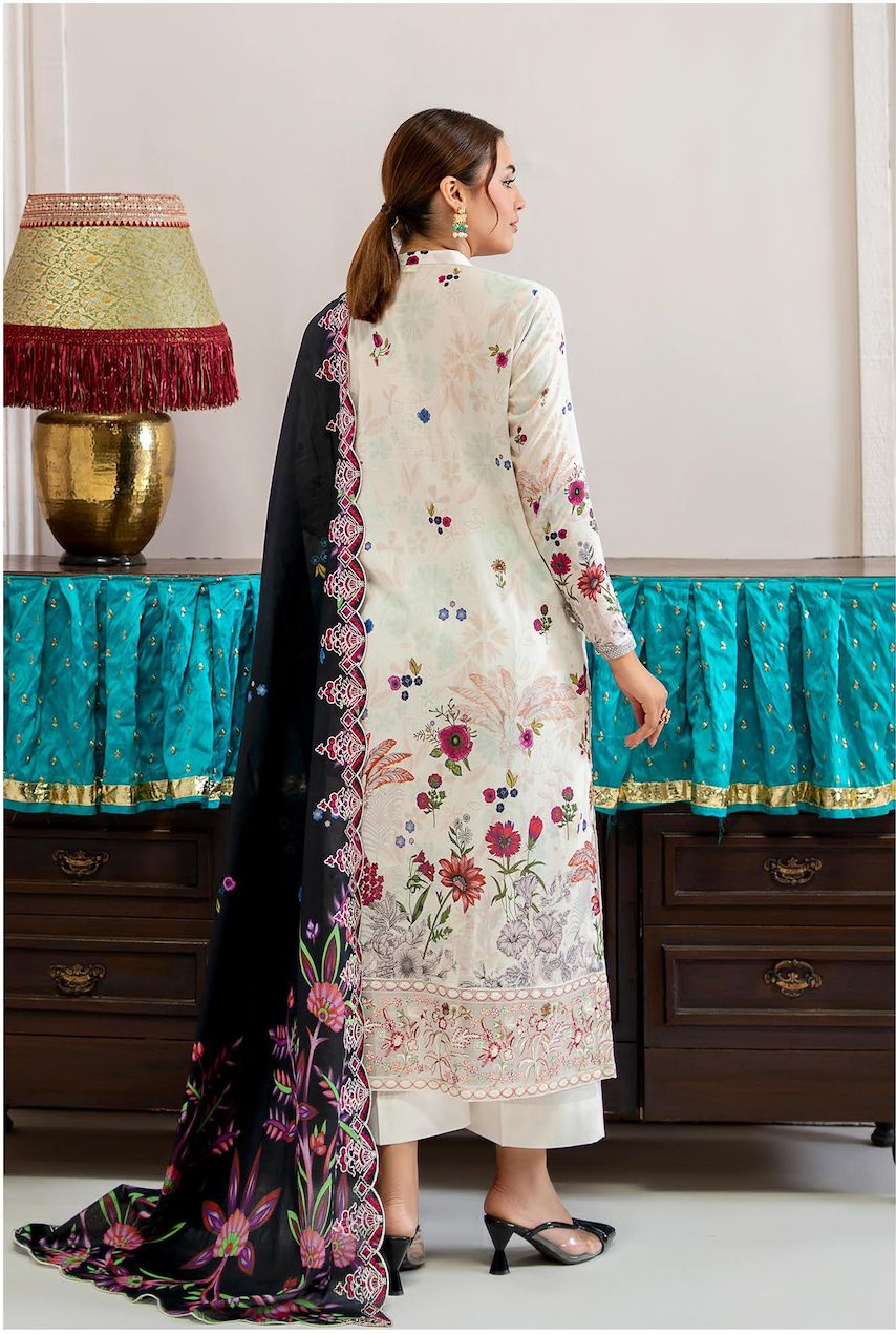 Pakistani Mahajal by Gulljee Unstitched Three Piece - Ivory Black White