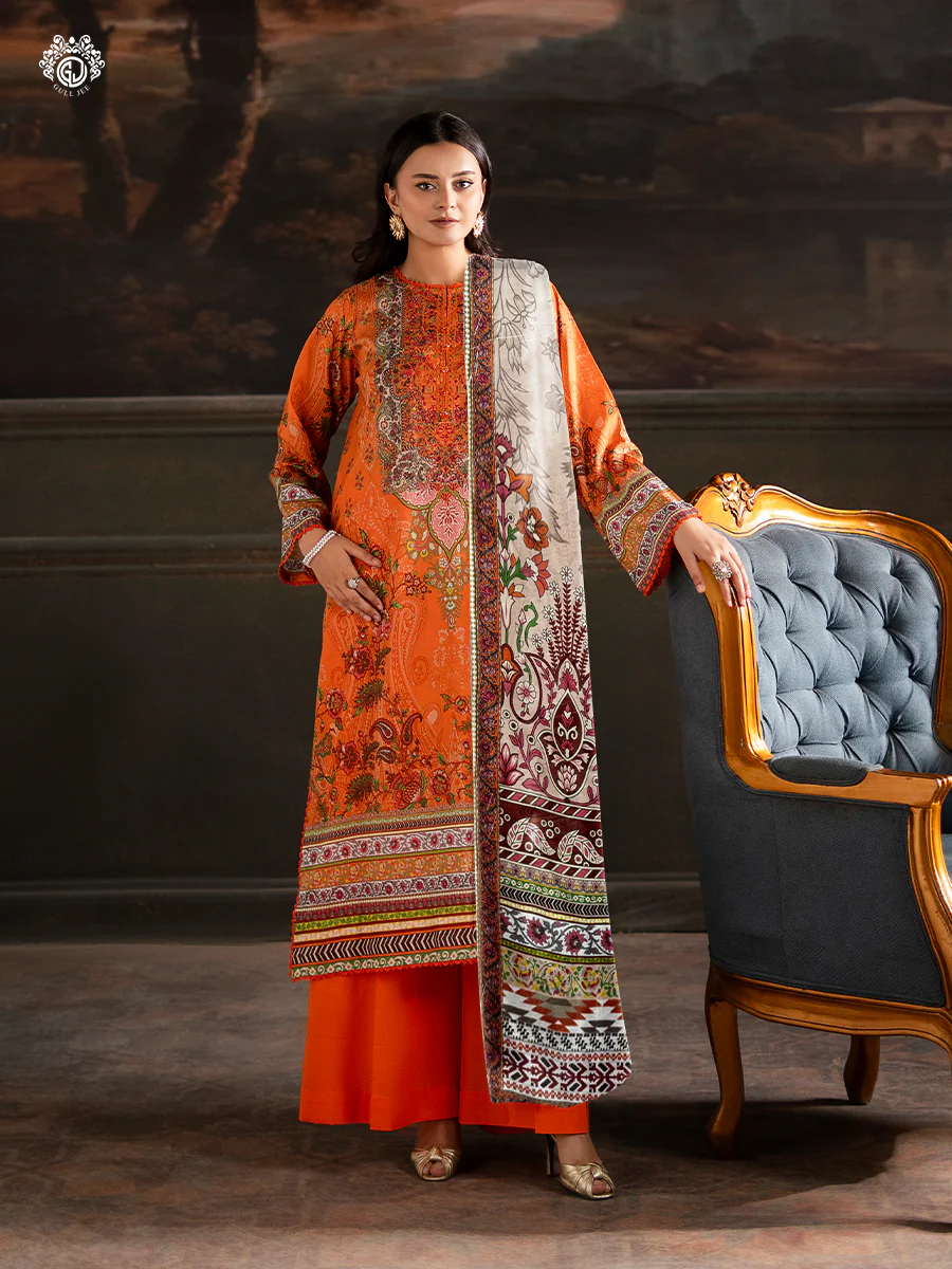 Pakistani Sorrel by Gulljee Unstitched Three Piece - Tangerine Orange