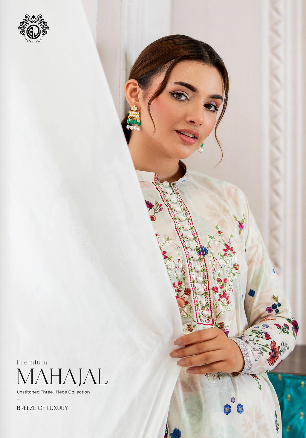 Pakistani Mahajal by Gulljee Unstitched Three Piece - Ivory Black White