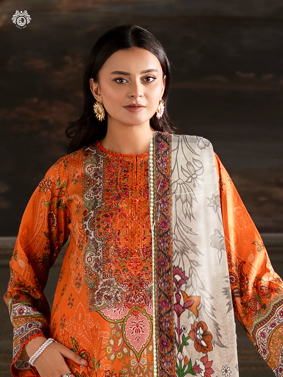 Pakistani Sorrel by Gulljee Unstitched Three Piece - Tangerine Orange