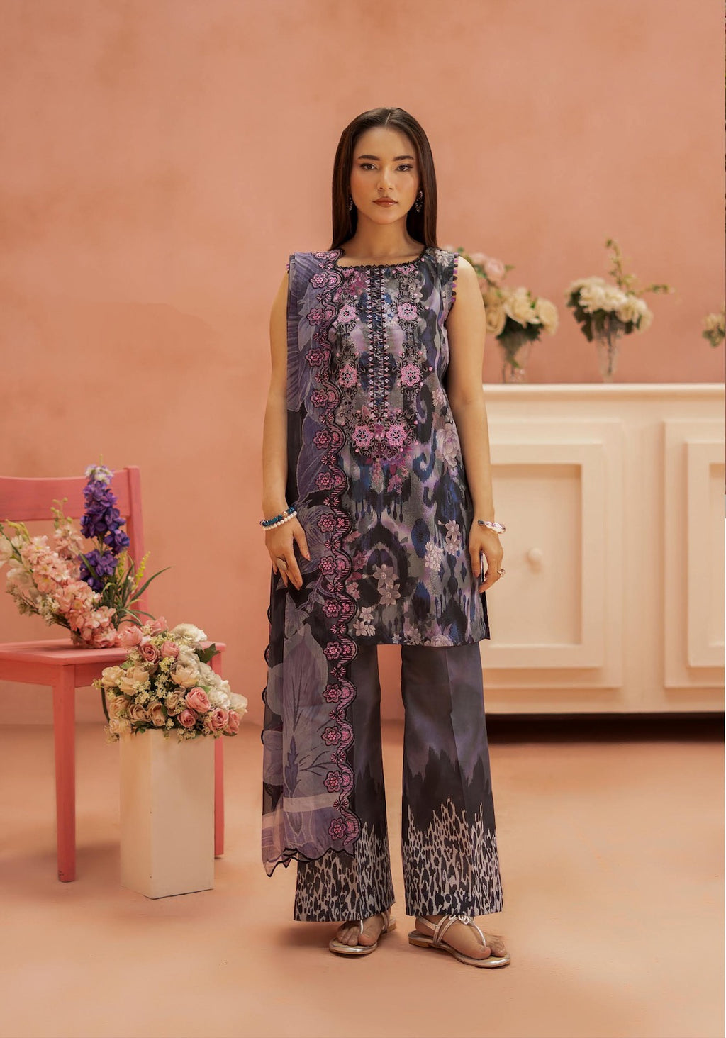 Pakistani Ziva by Gulljee Unstitched Three Piece - Charcoal