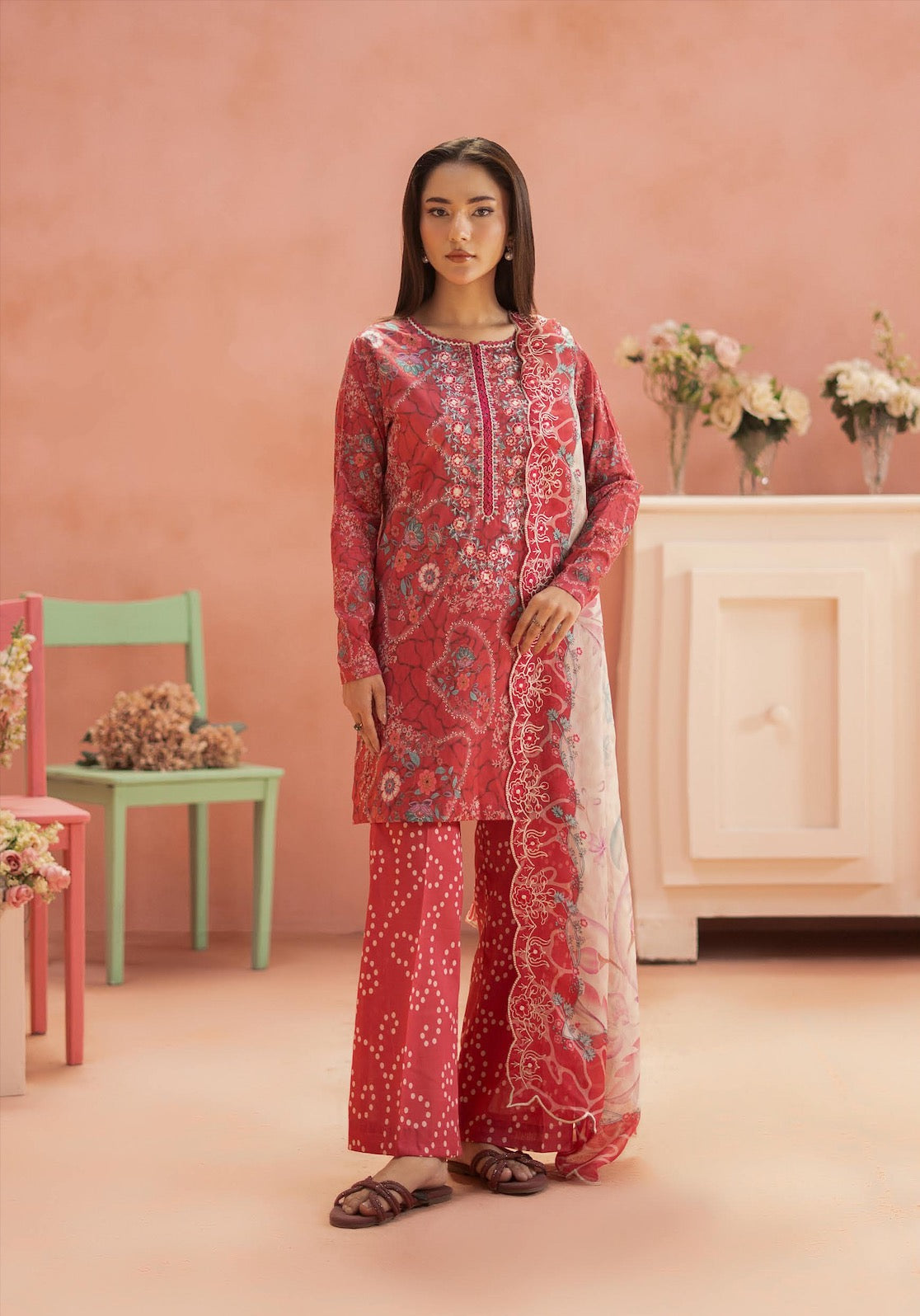 Pakistani Ziva by Gulljee Unstitched Three Piece -Coral Red