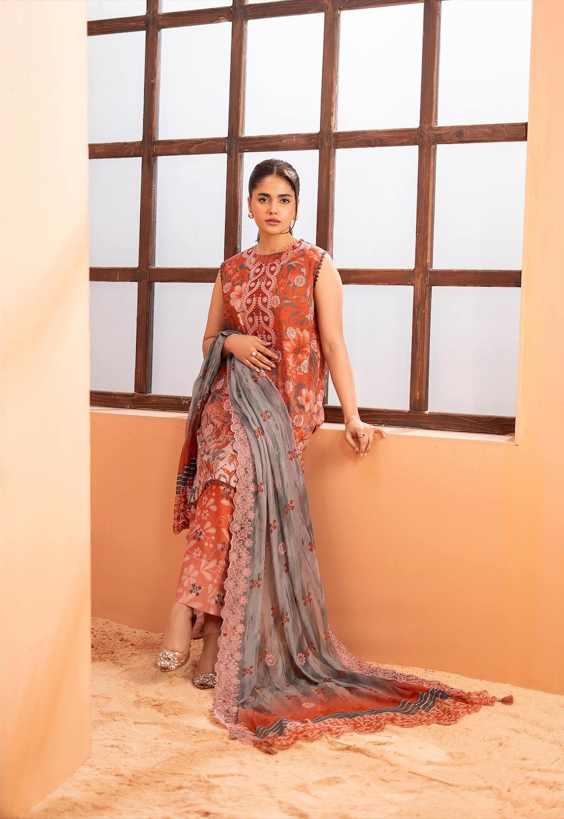 Pakistani Mishaal by Gulljee Unstitched Three Piece - Rust Orange X Terracotta