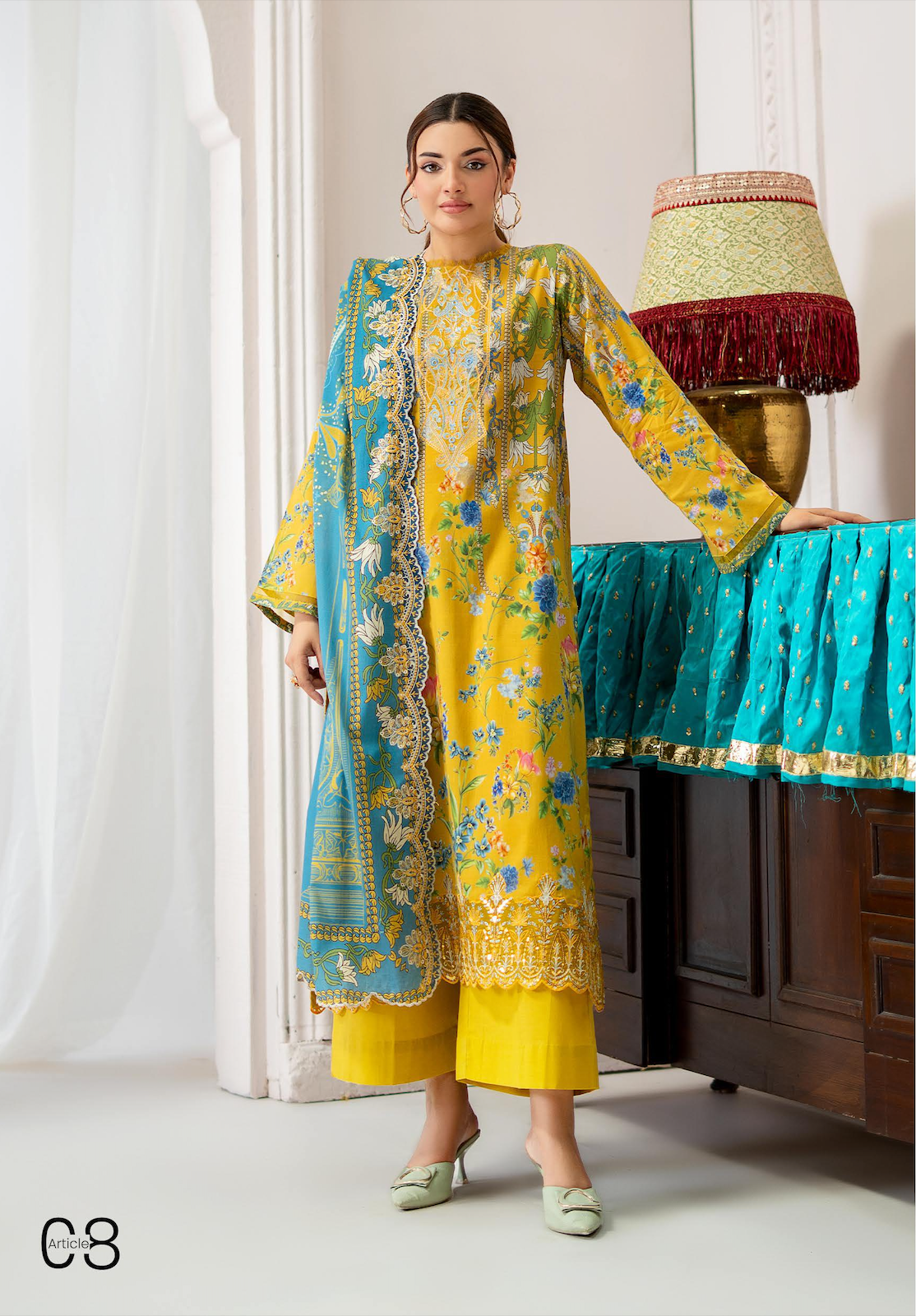 Pakistani Mahajal by Gulljee Unstitched Three Piece - Mustard Yellow