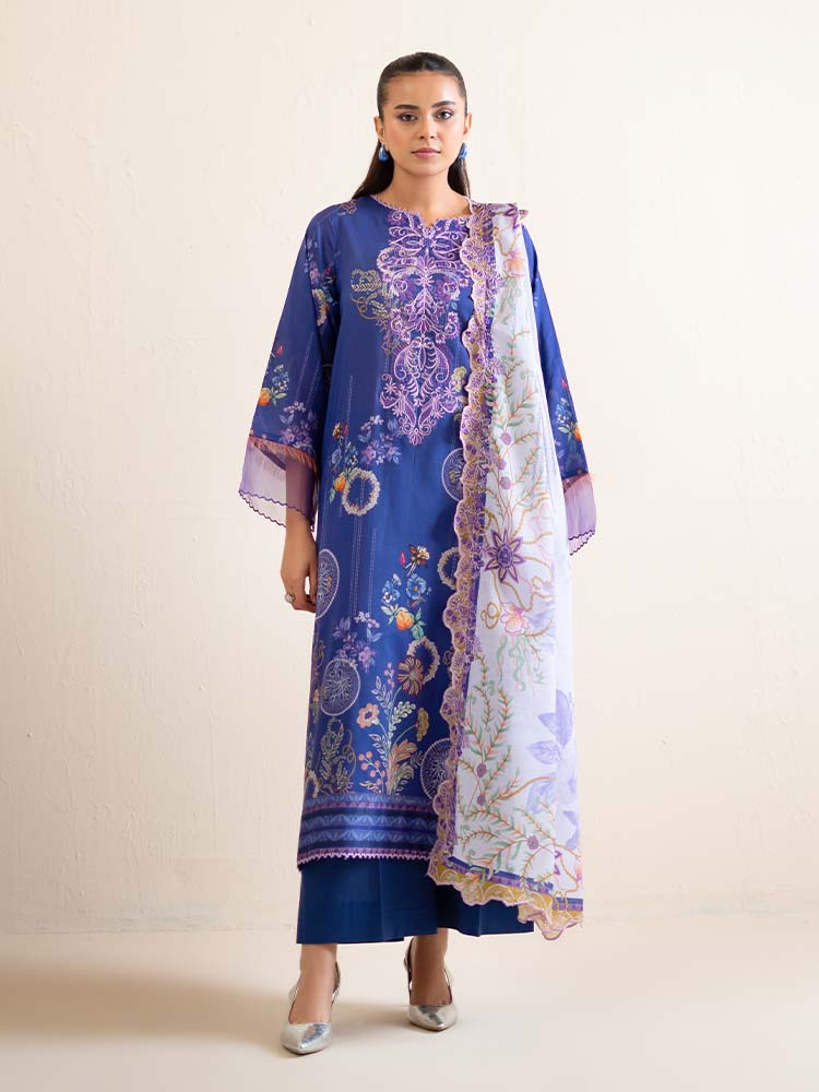 Pakistani Hania by Binaas Unstitched Three Piece- Indigo