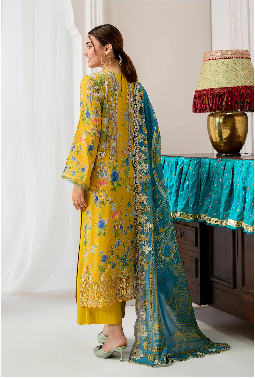 Pakistani Mahajal by Gulljee Unstitched Three Piece - Mustard Yellow
