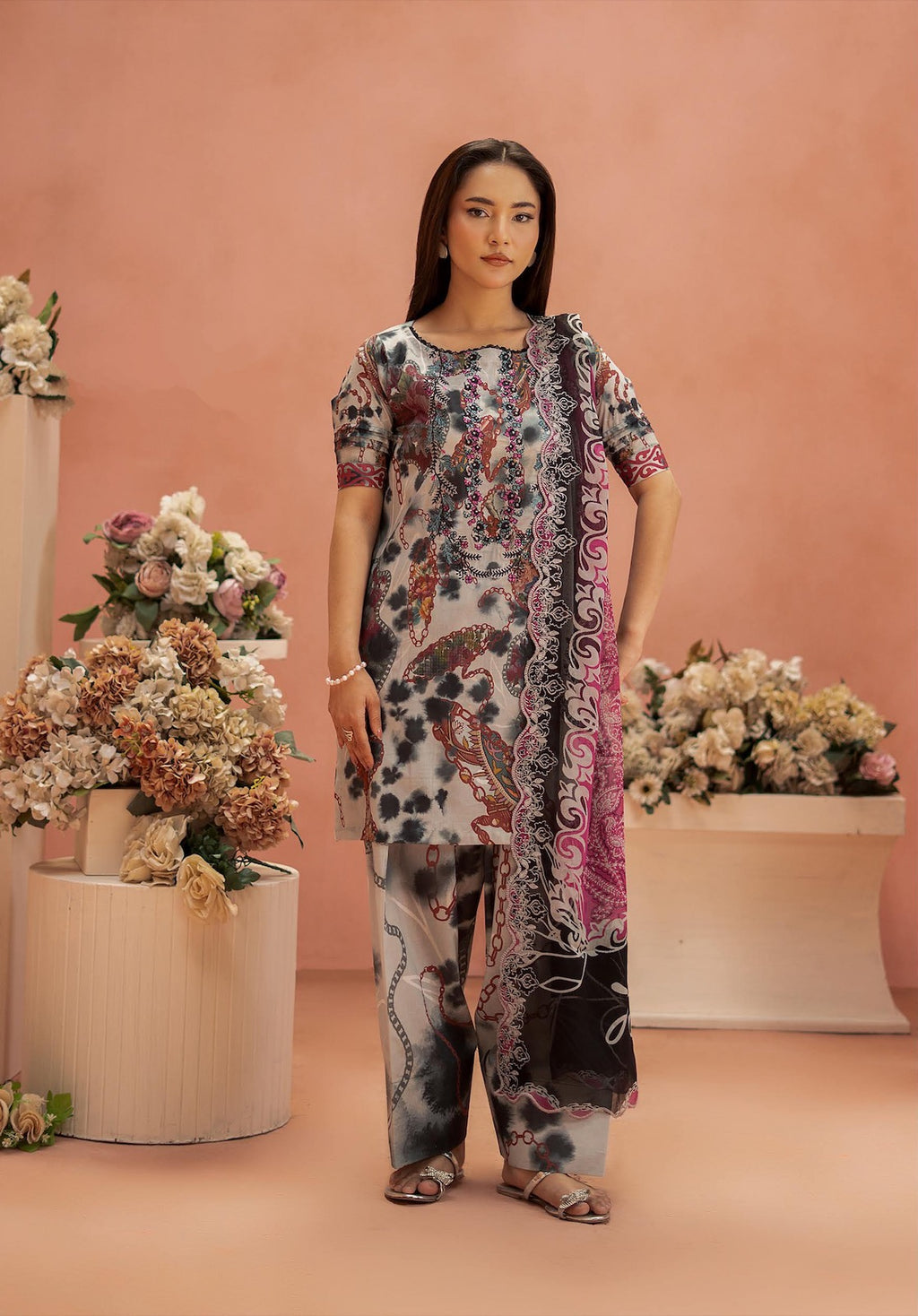 Pakistani Ziva by Gulljee Unstitched Three Piece - Stone Grey