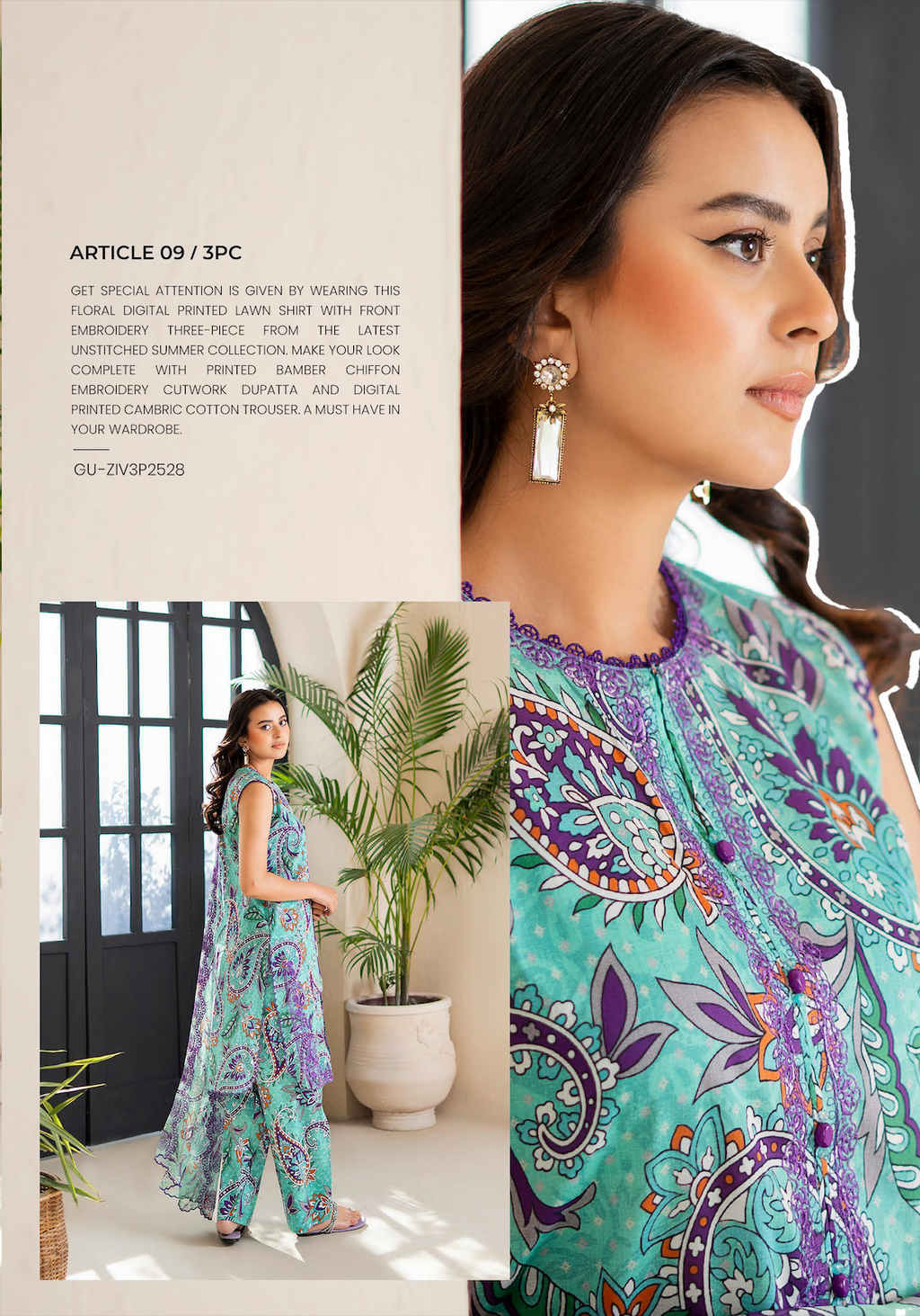 Pakistani Ziva by Gulljee Unstitched Three Piece -Turqoise