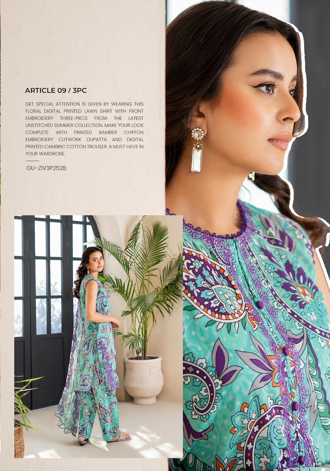 Pakistani Ziva by Gulljee Unstitched Three Piece -Turqoise
