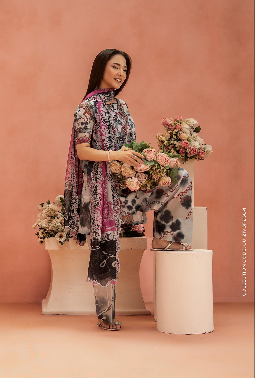 Pakistani Ziva by Gulljee Unstitched Three Piece - Stone Grey