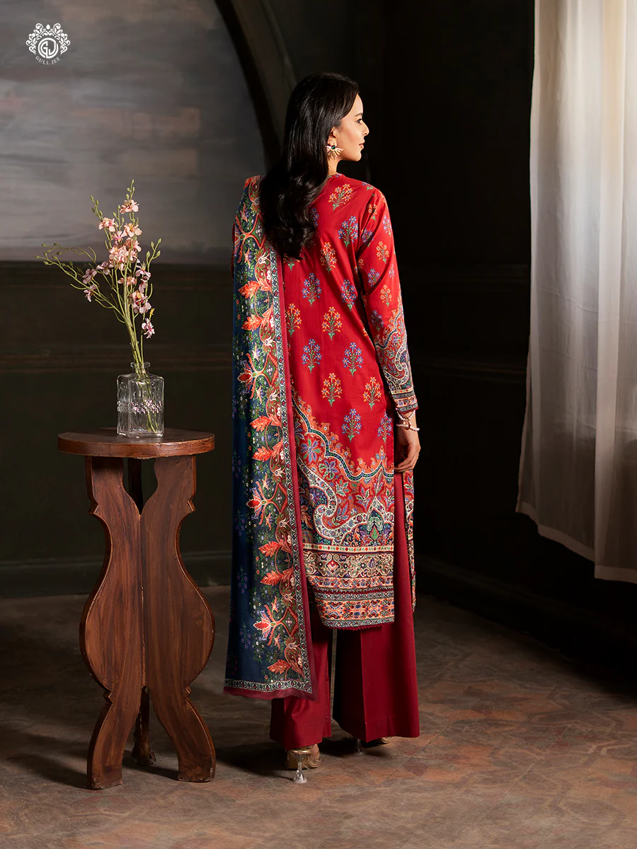Pakistani Sorrel by Gulljee Unstitched Three Piece -Crimson Red