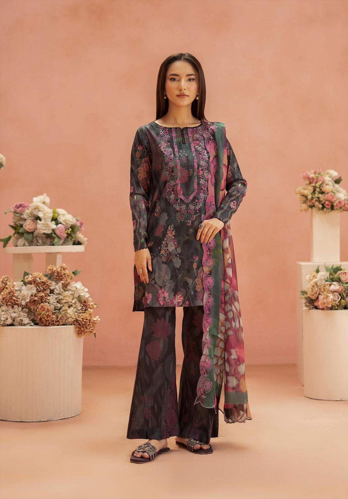 Pakistani Ziva by Gulljee Unstitched Three Piece - Ebony X Magenta