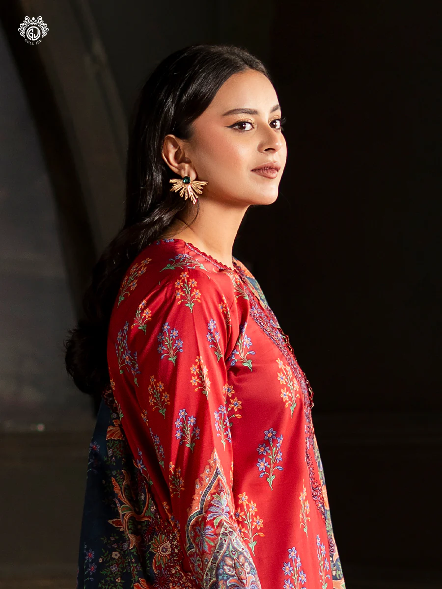 Pakistani Sorrel by Gulljee Unstitched Three Piece -Crimson Red