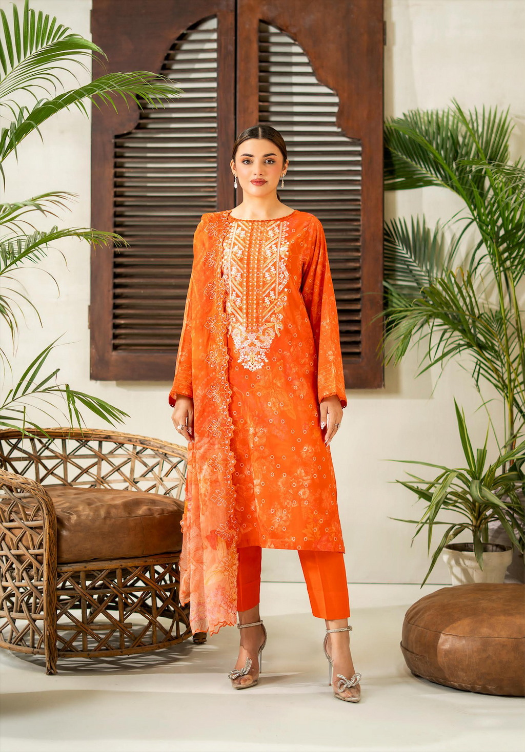 Pakistani Rang Pasand by Gulljee Unstitched Three Piece - Lush Orange