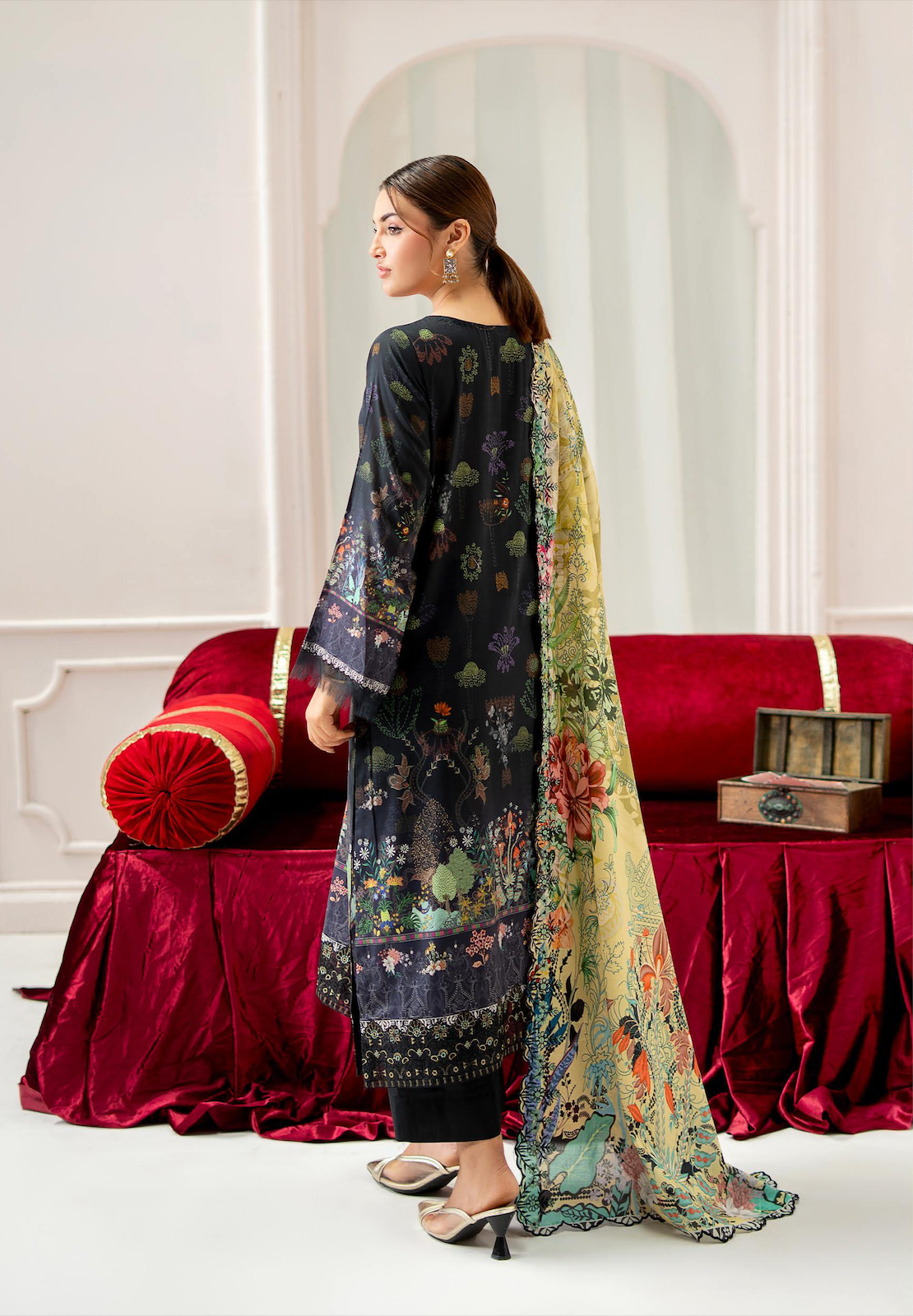 Pakistani Mahajal by Gulljee Unstitched Three Piece - Midnight Black