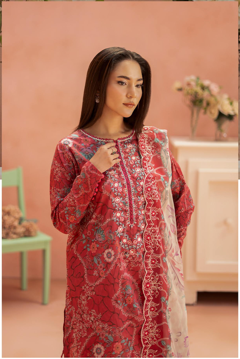 Pakistani Ziva by Gulljee Unstitched Three Piece -Coral Red