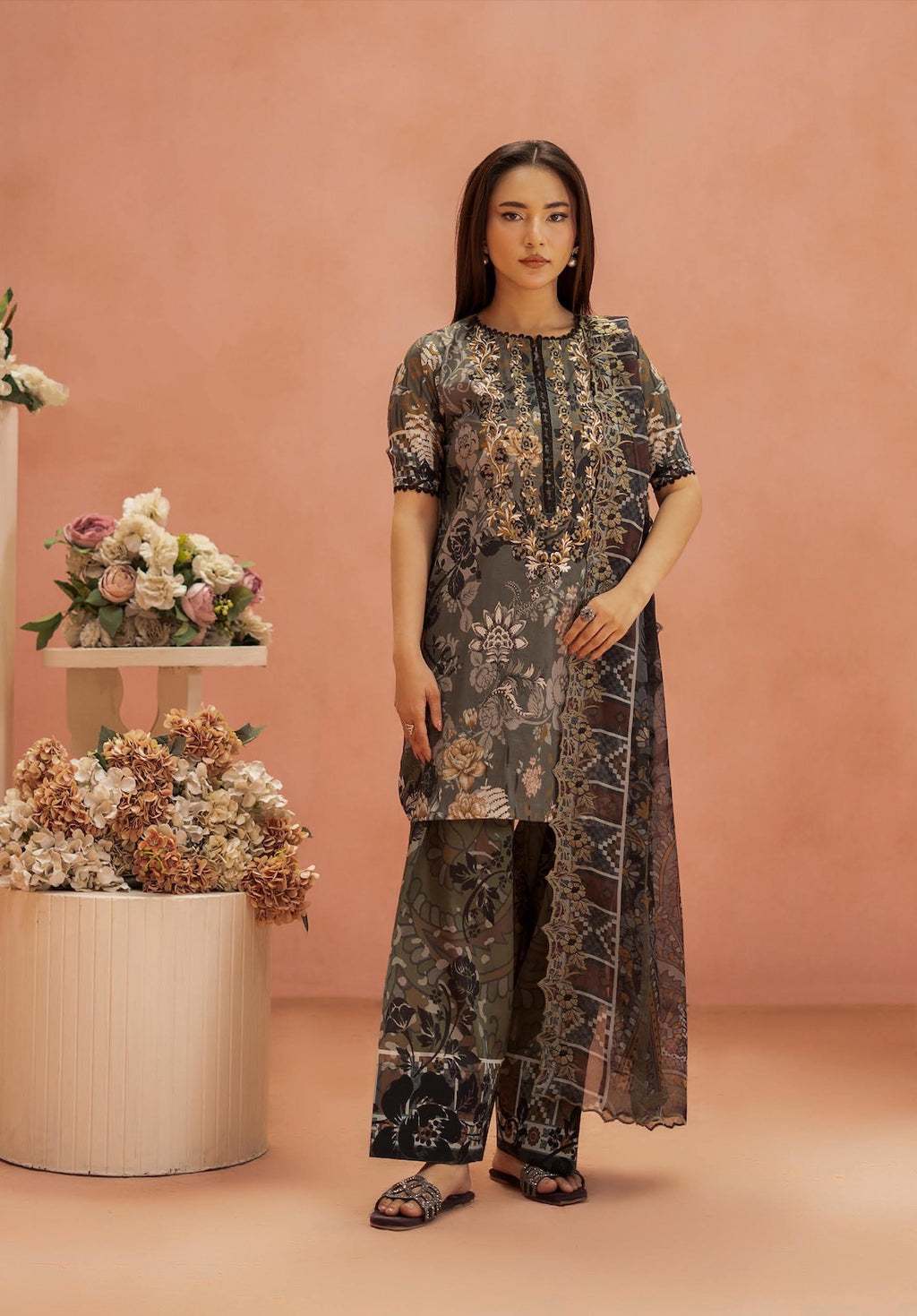 Pakistani Ziva by Gulljee Unstitched Three Piece -Olive green x Gold