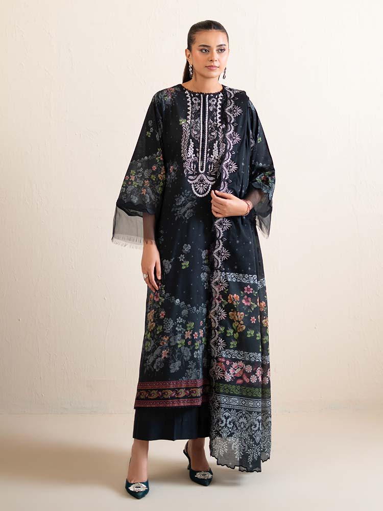 Pakistani Hania by Binaas Unstitched Three Piece -Jet Black