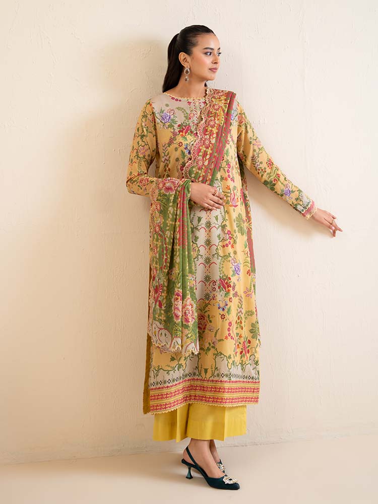 Pakistani Hania by Binaas Unstitched Three Piece - Mustard Yellow