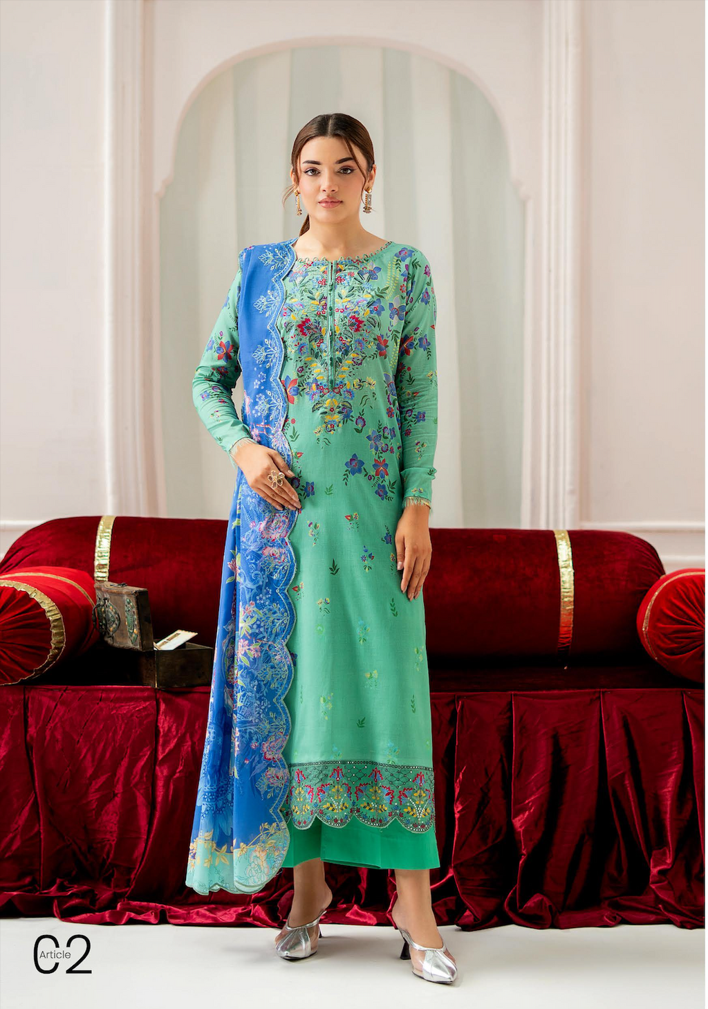 Pakistani Mahajal by Gulljee Unstitched Three Piece -Mint Green