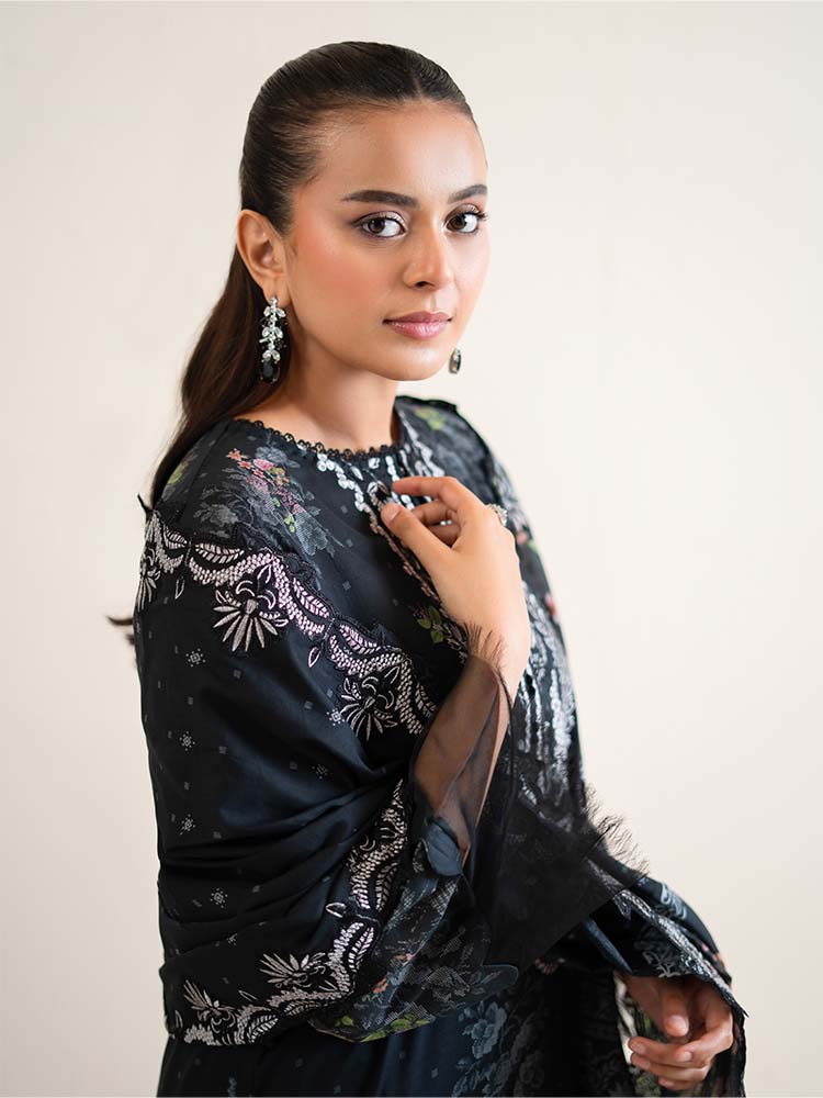 Pakistani Hania by Binaas Unstitched Three Piece -Jet Black