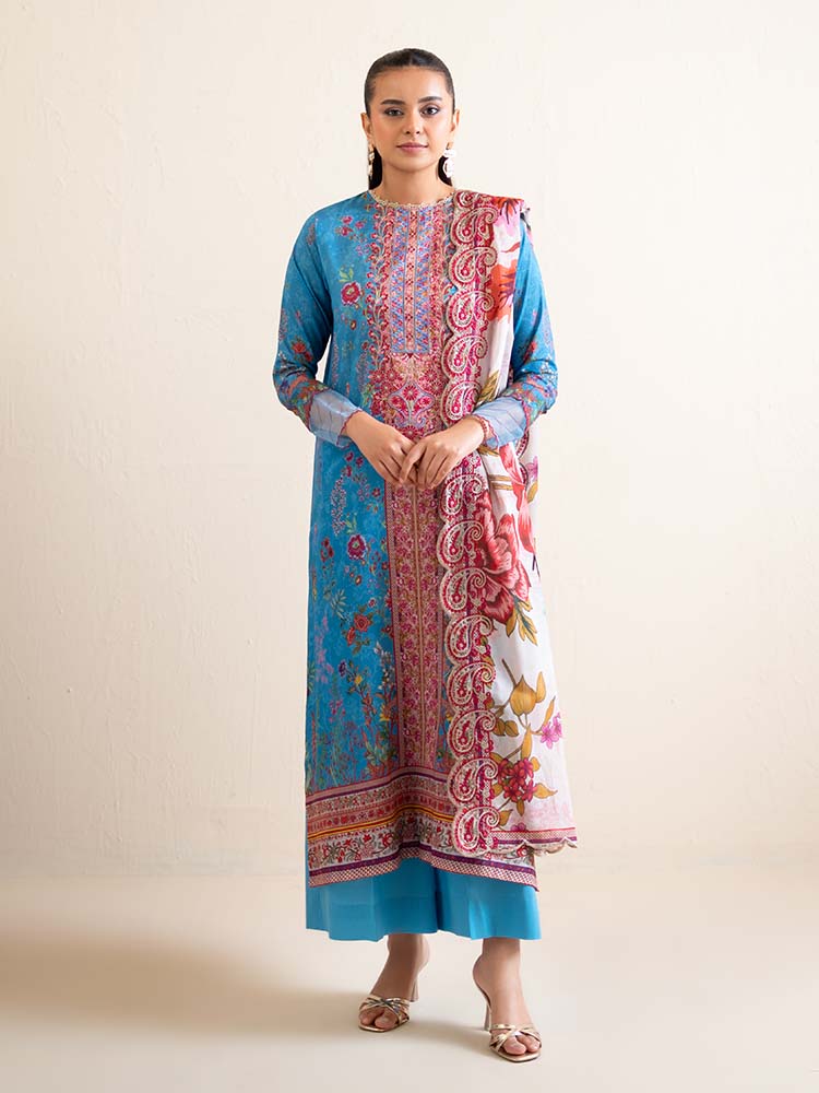 Pakistani Hania by Binaas Unstitched Three Piece - Cerulean Blue