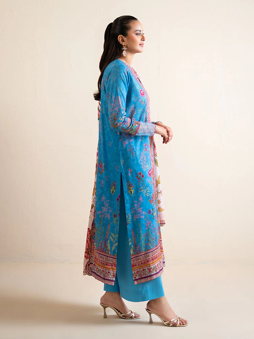 Pakistani Hania by Binaas Unstitched Three Piece - Cerulean Blue