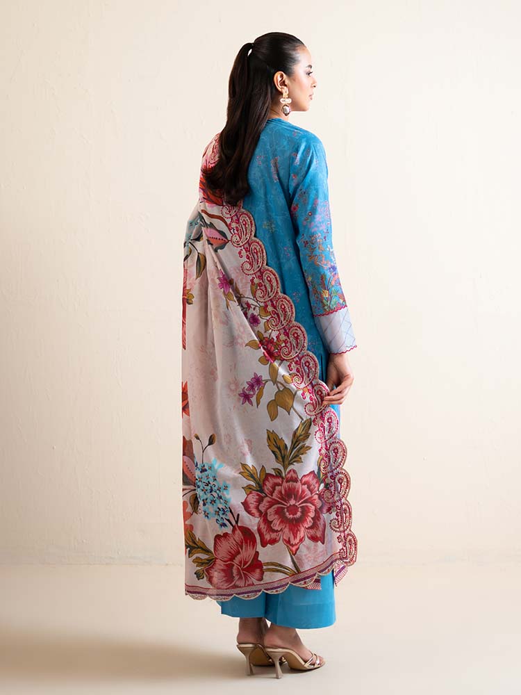 Pakistani Hania by Binaas Unstitched Three Piece - Cerulean Blue