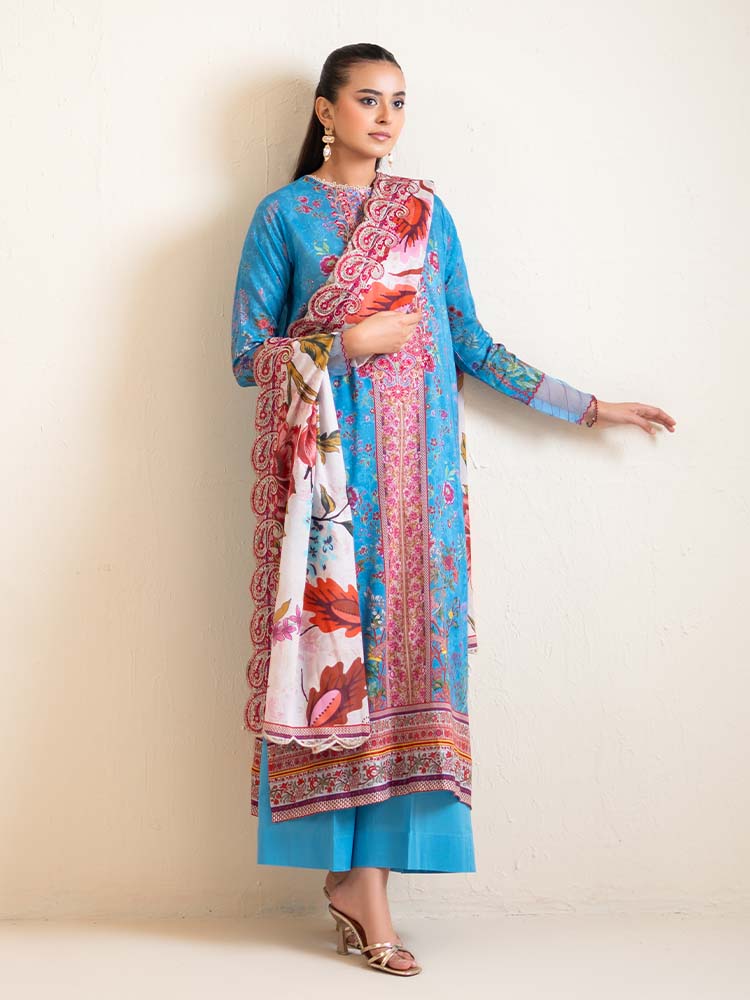 Pakistani Hania by Binaas Unstitched Three Piece - Cerulean Blue