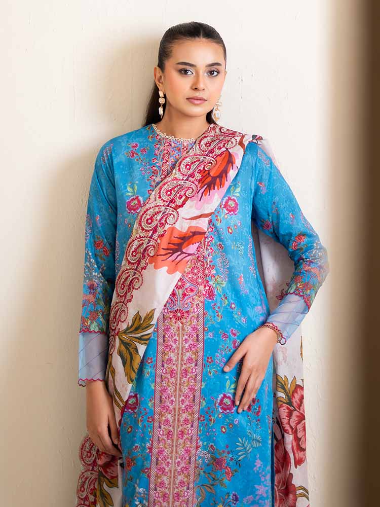 Pakistani Hania by Binaas Unstitched Three Piece - Cerulean Blue