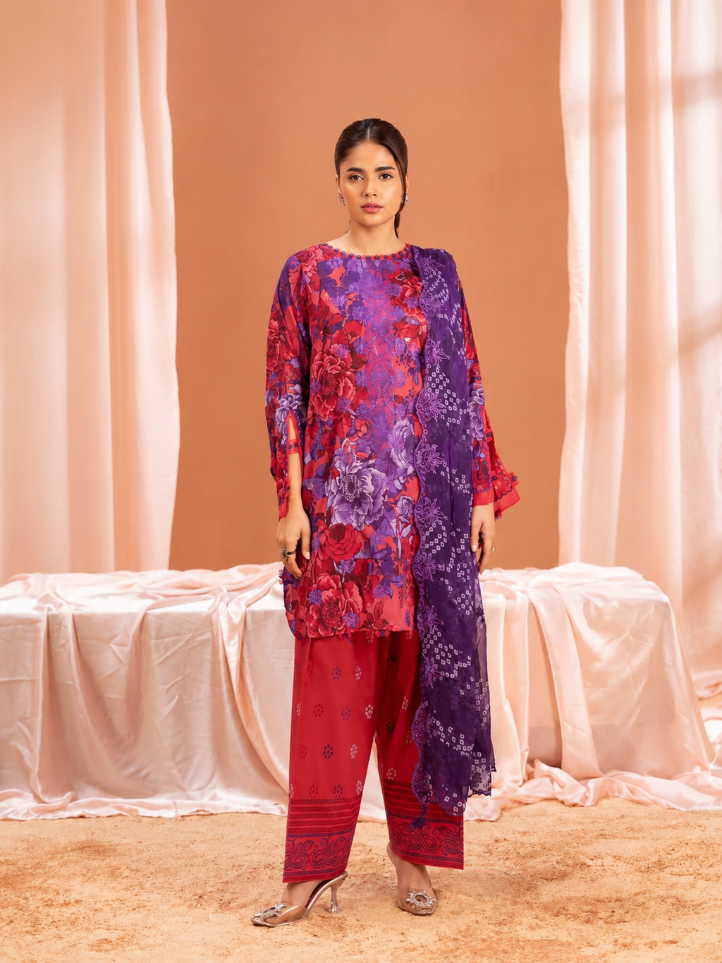 Pakistani Mishaal by Gulljee Unstitched Three Piece - Crimson Red X Deep Pink