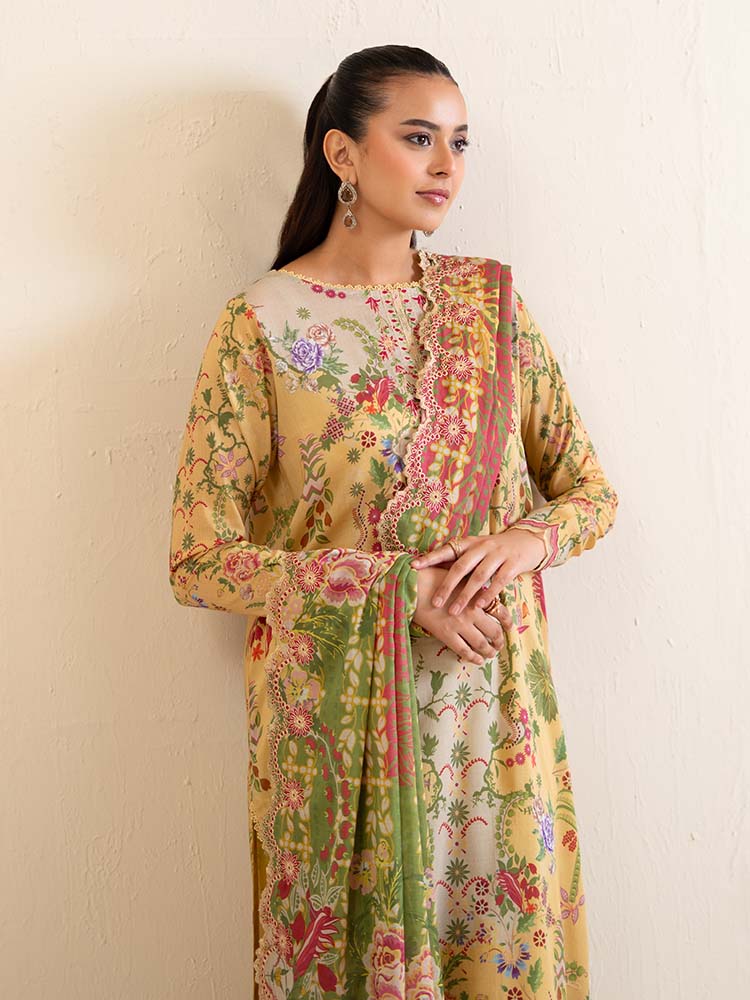 Pakistani Hania by Binaas Unstitched Three Piece - Mustard Yellow