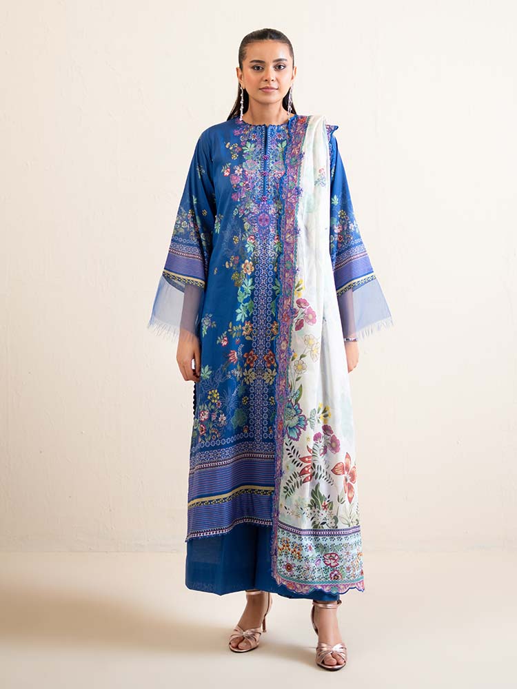 Pakistani Hania by Binaas Unstitched Three Piece - Sapphire Blue