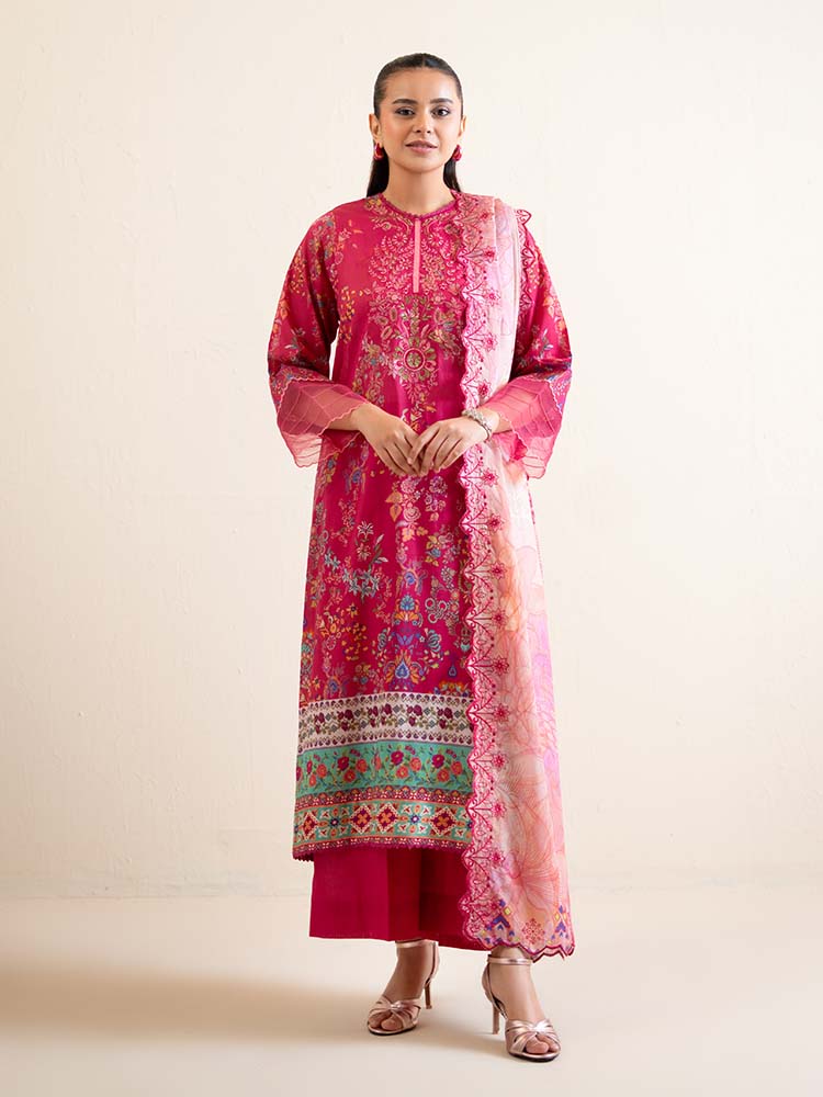 Pakistani Hania by Binaas Unstitched Three Piece -Magenta Pink