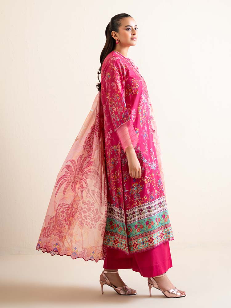 Pakistani Hania by Binaas Unstitched Three Piece -Magenta Pink