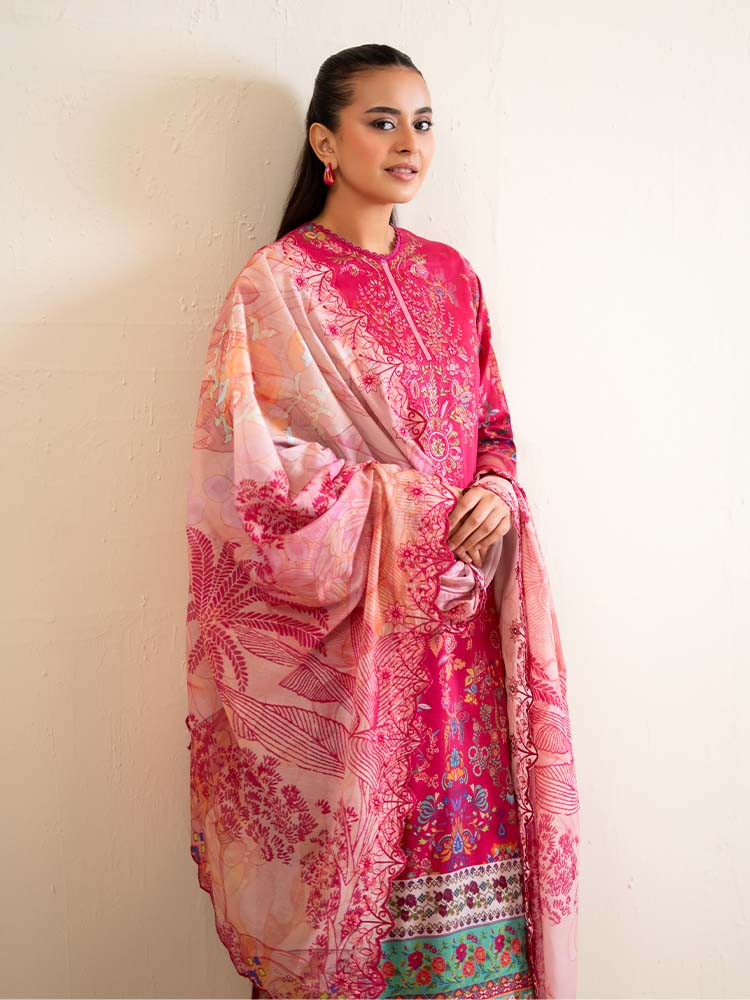 Pakistani Hania by Binaas Unstitched Three Piece -Magenta Pink