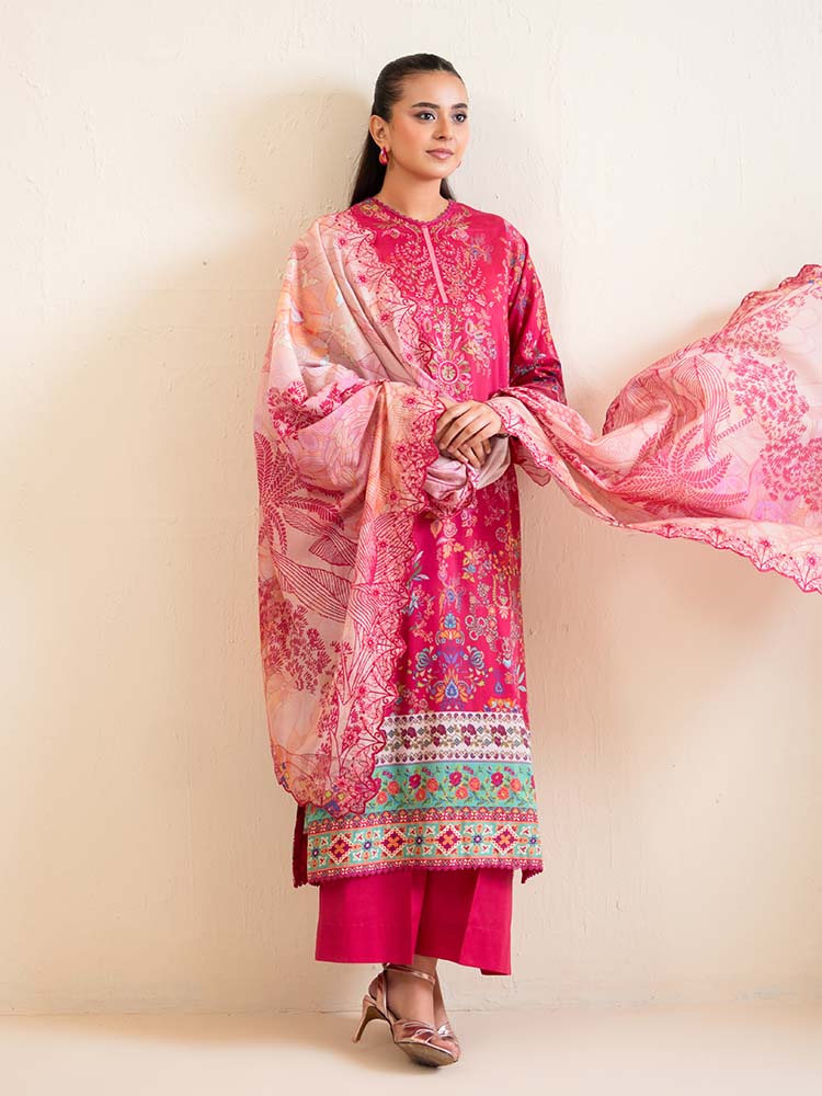 Pakistani Hania by Binaas Unstitched Three Piece -Magenta Pink
