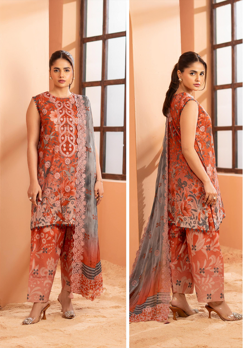 Pakistani Mishaal by Gulljee Unstitched Three Piece - Rust Orange X Terracotta