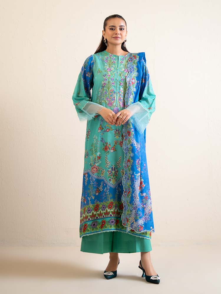 Pakistani Hania by Binaas Unstitched Three Piece-Teal Blue