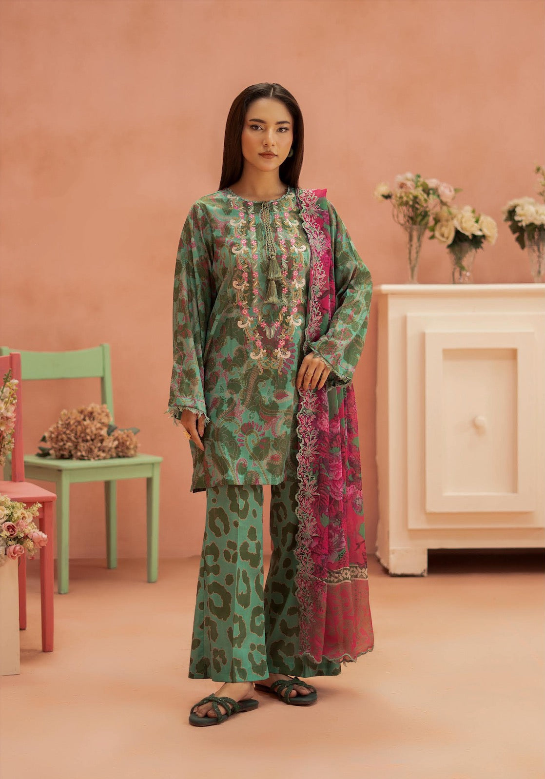 Pakistani Ziva by Gulljee Unstitched Three Piece - Sage Green X Magenta