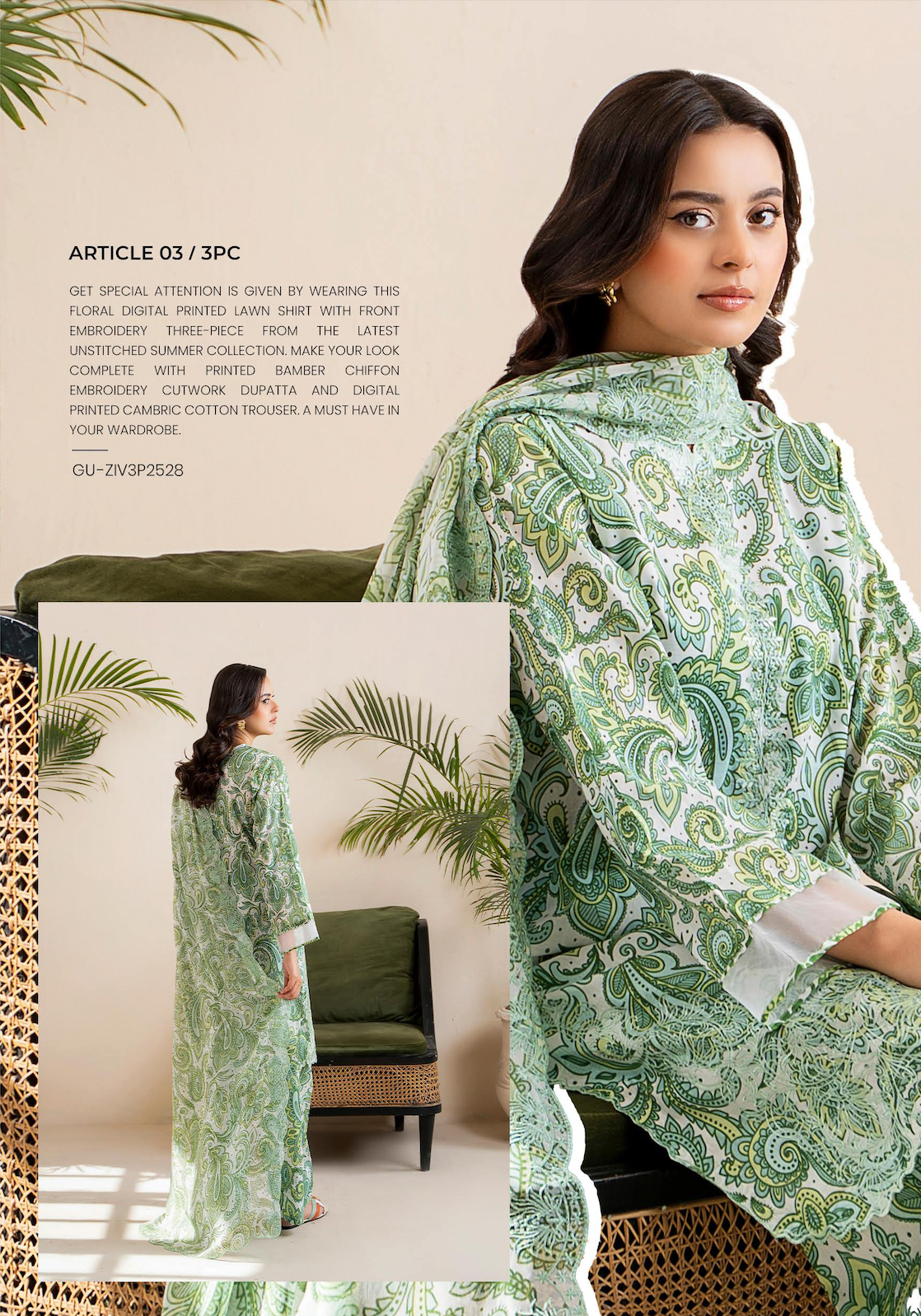 Pakistani Ziva by Gulljee Unstitched Three Piece - Pistachio Green